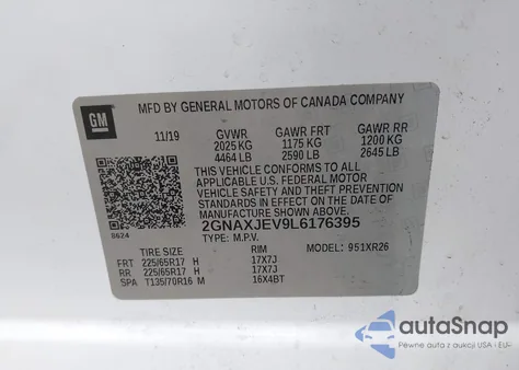 2020 Chevrolet Equinox Fwd 2Fl z USA, uszkodzony, nr VIN 2GNAXJEV9L6176395